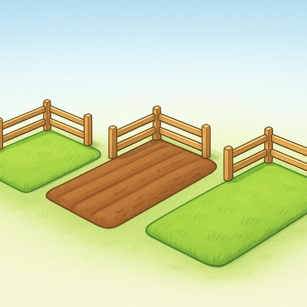 A colorful illustration showing three distinct, fenced-off rectangular plots of land under a blue sky, representing property.