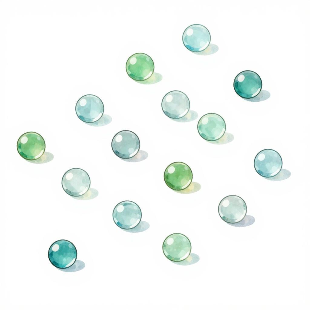 A collection of bright colorful marbles spread out across a clean white surface with lots of space between them.