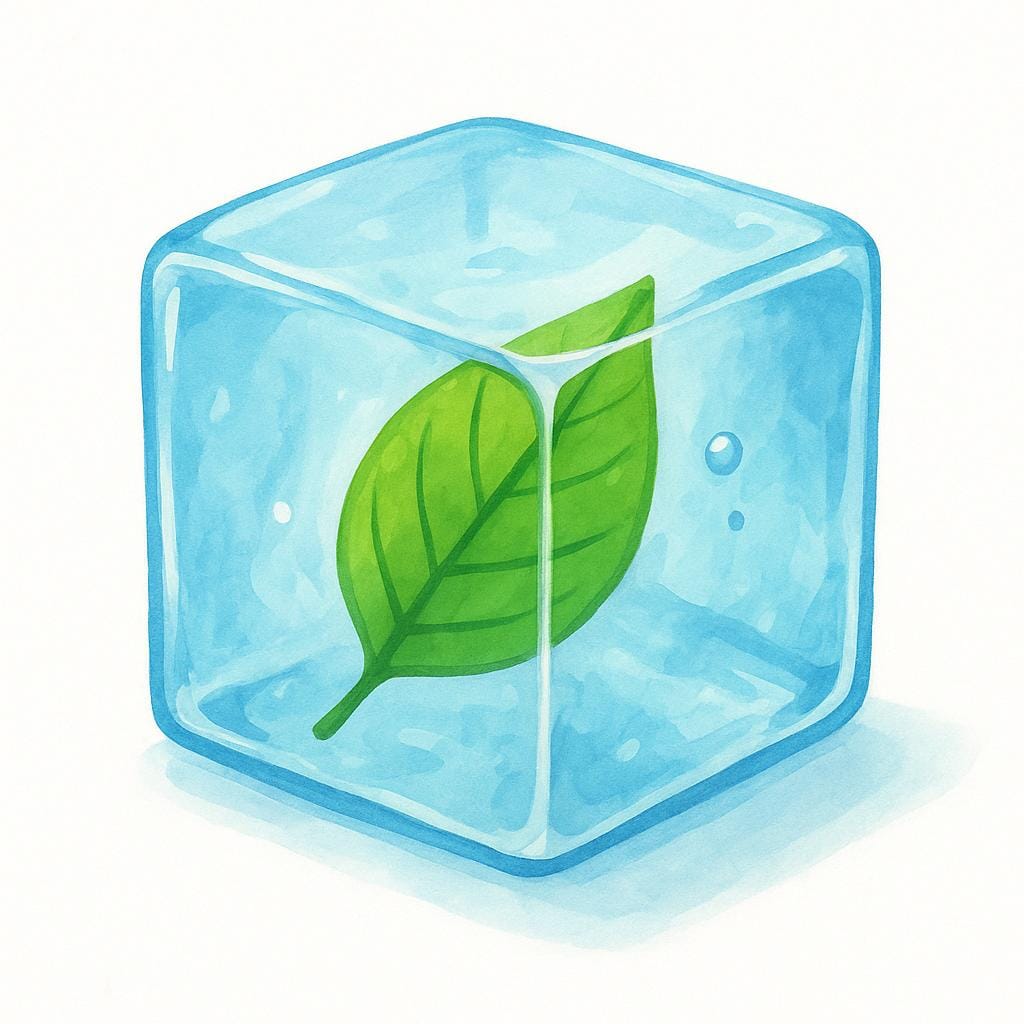 A single, clear ice cube with a small blue leaf trapped inside it, sitting on a plain white surface.