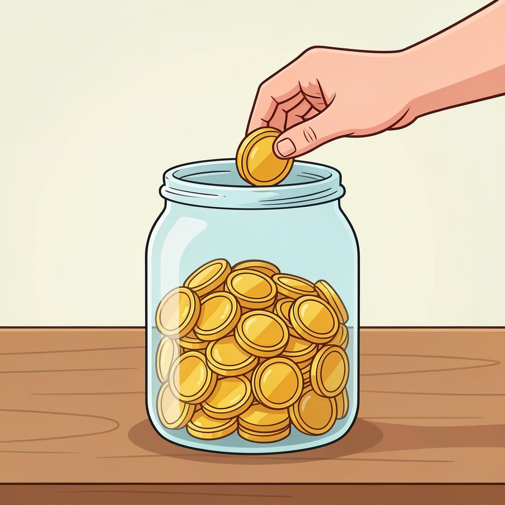 A glass jar being filled with gold coins.