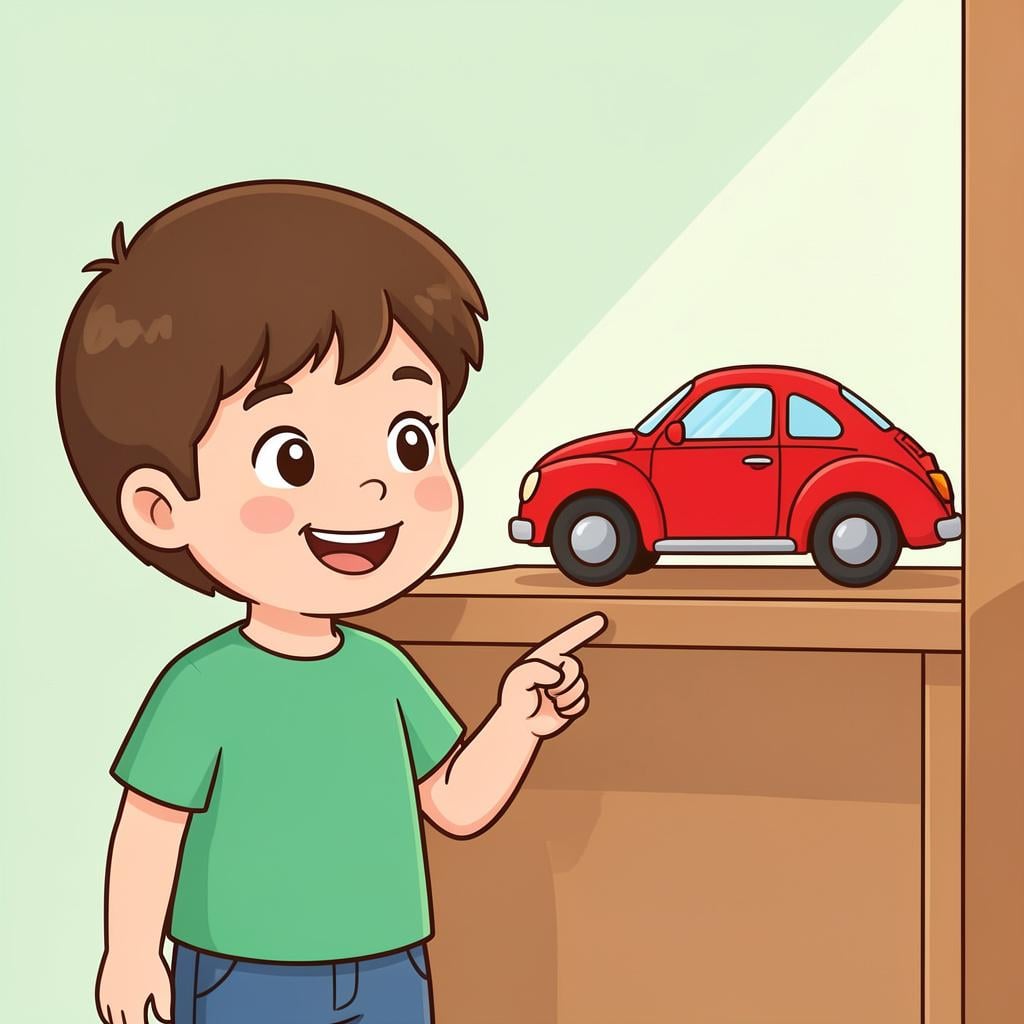 A small child pointing excitedly at a bright red toy car on a shelf.