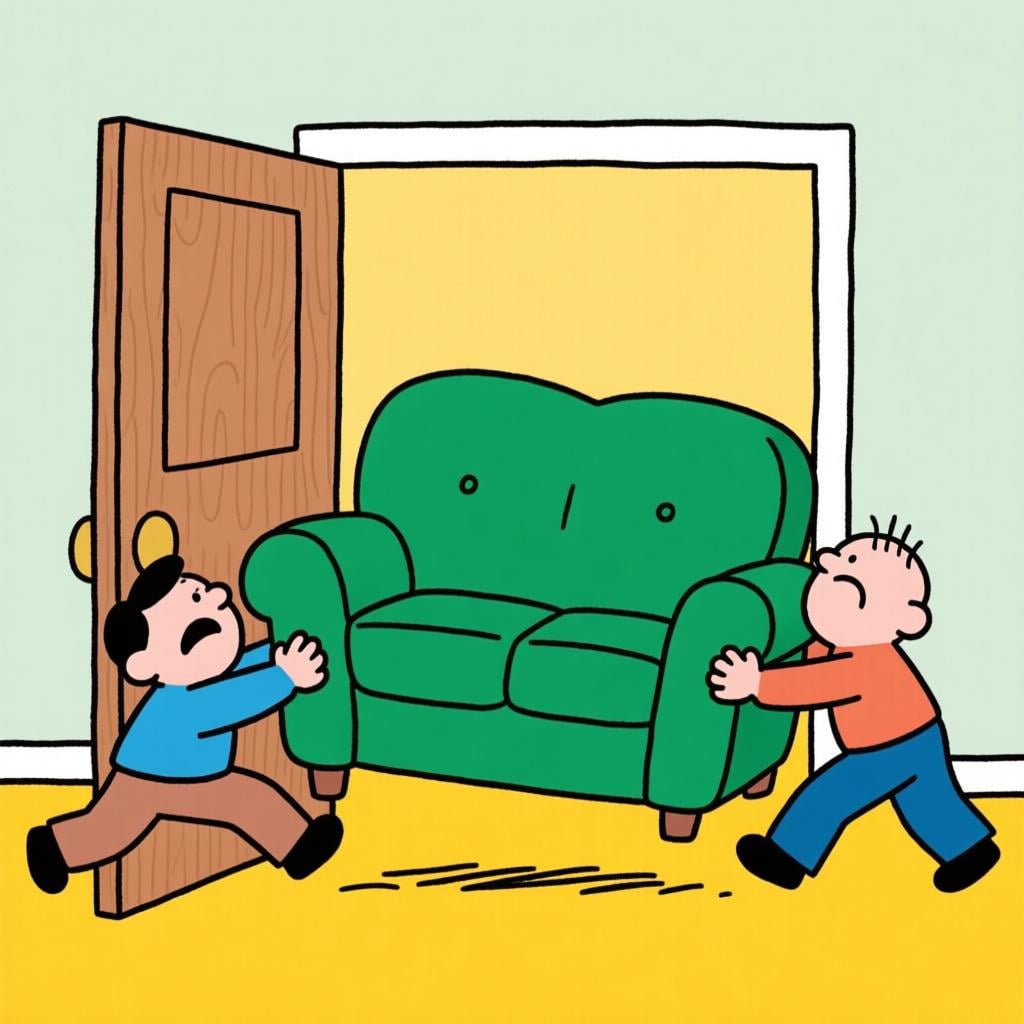 Two people struggling to push a large, wide sofa that is stuck in a narrow doorway.