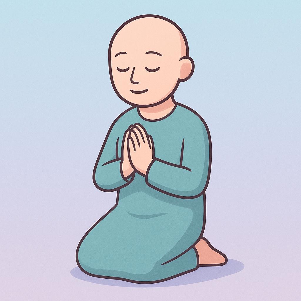 A simple, stylized figure kneeling with hands pressed together and eyes closed in a universal gesture of prayer.