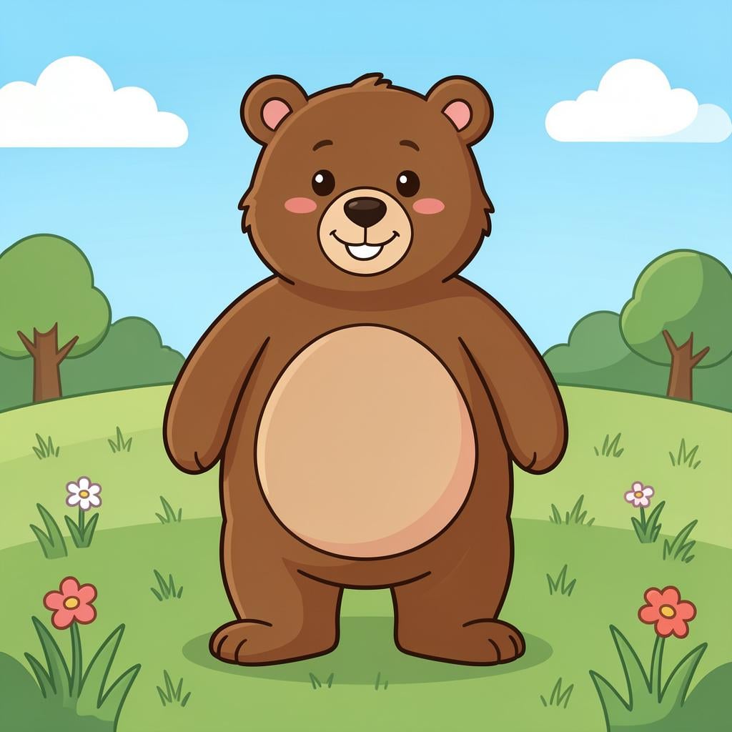 A high-quality storybook illustration of a friendly, round-bellied bear standing upright.
