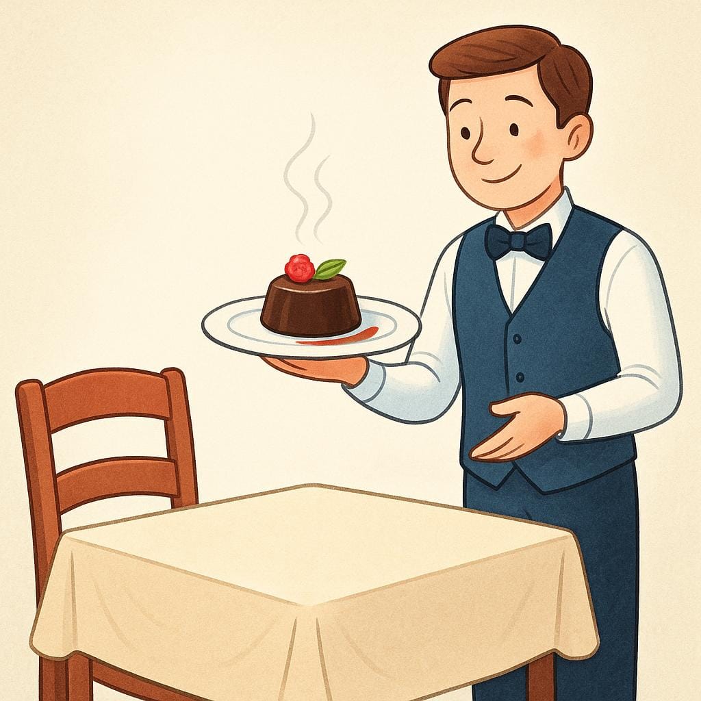 Um garçom sorrindo educadamente apresentando uma sobremesa gourmet única, perfeitamente empratada e fumegante, a um cliente invisível.