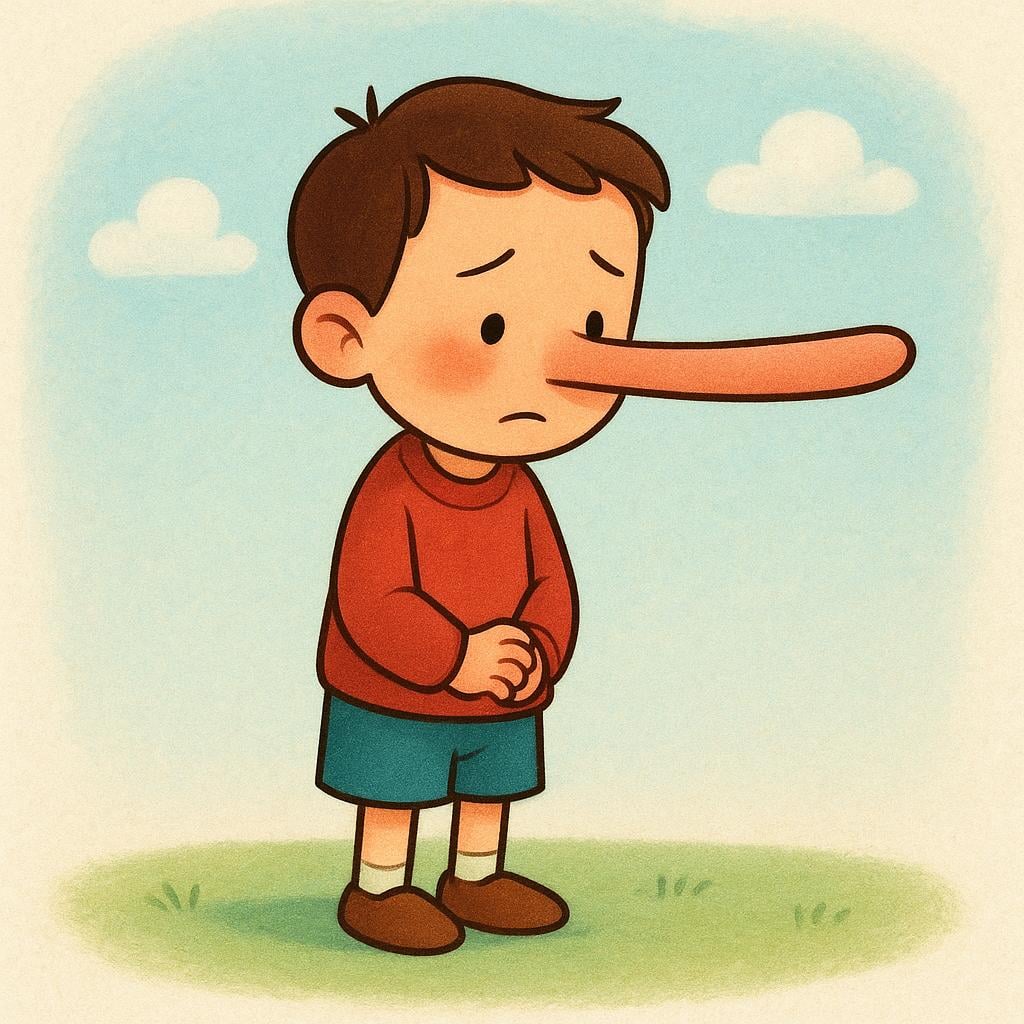 A simple storybook illustration of a child character standing alone with a very long, exaggerated nose, symbolizing that they have lied.