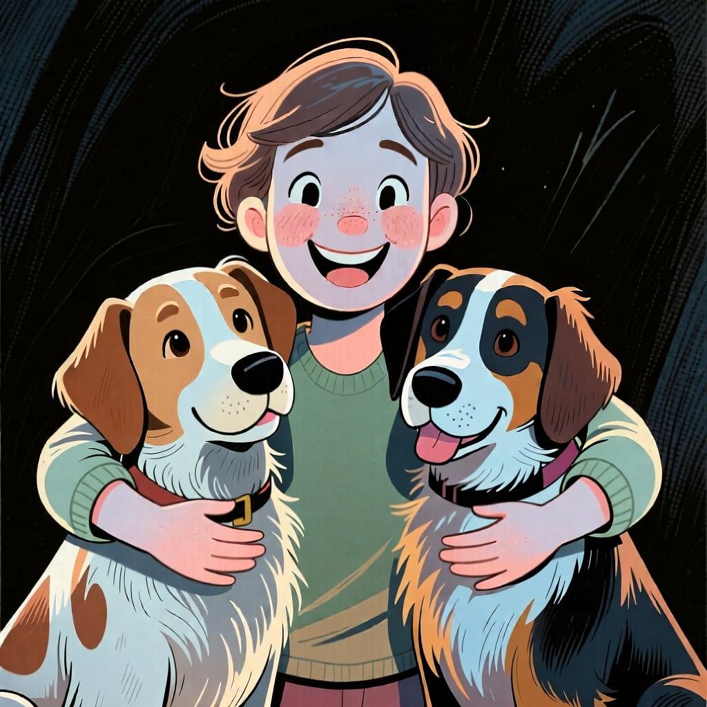 A smiling person standing between their two happy dogs, with an arm around each one.