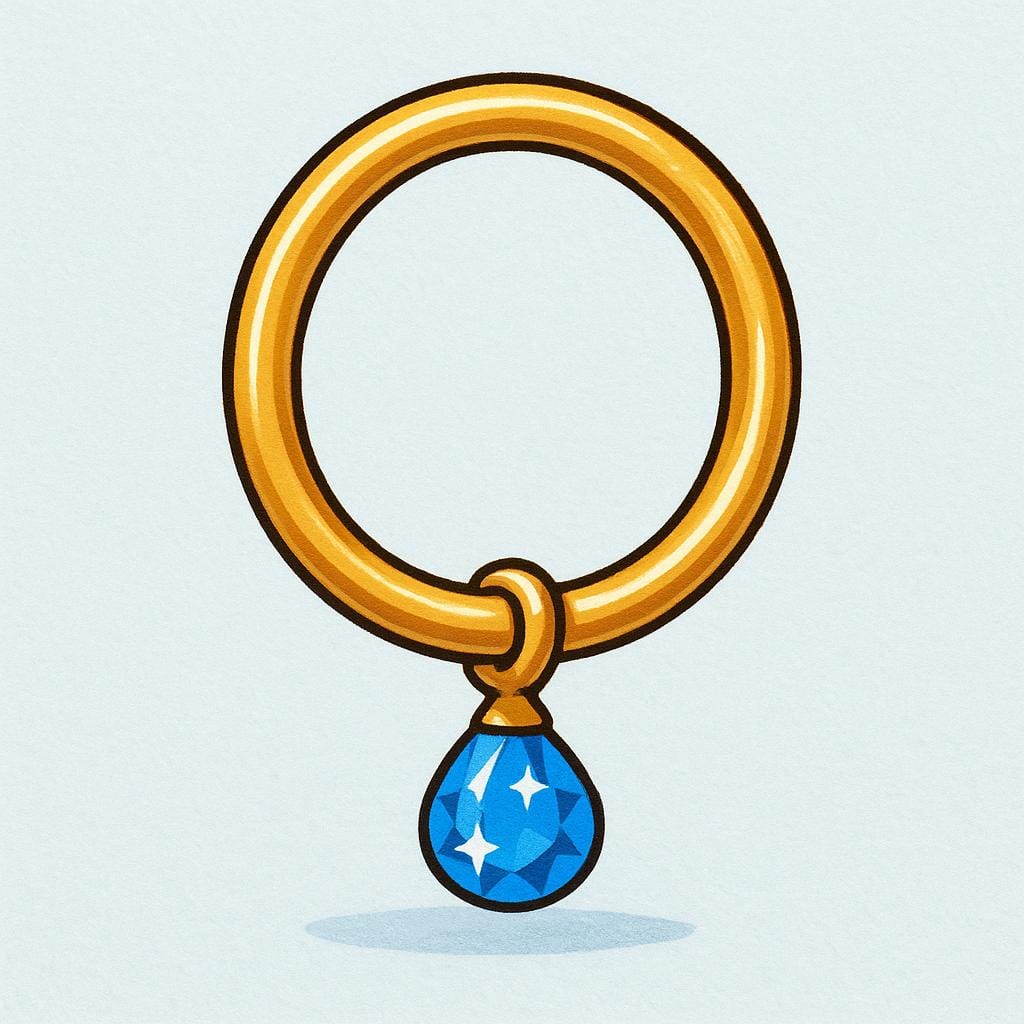 A single, shiny gold hoop earring with a small dangling blue gemstone hanging from it, set against a soft background.