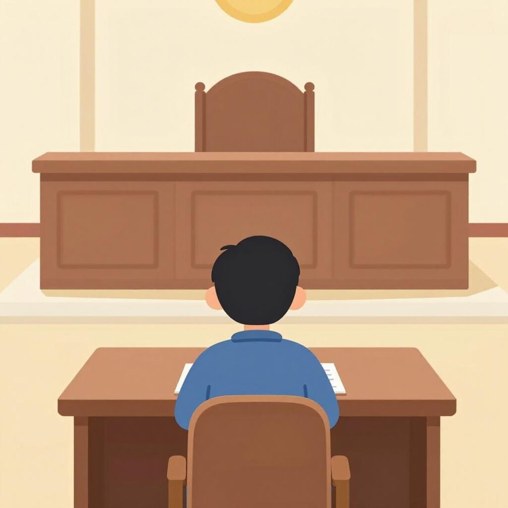 Een persoon die aan een lange houten tafel zit in een rechtszaal, kijkend naar de bank van de rechter.