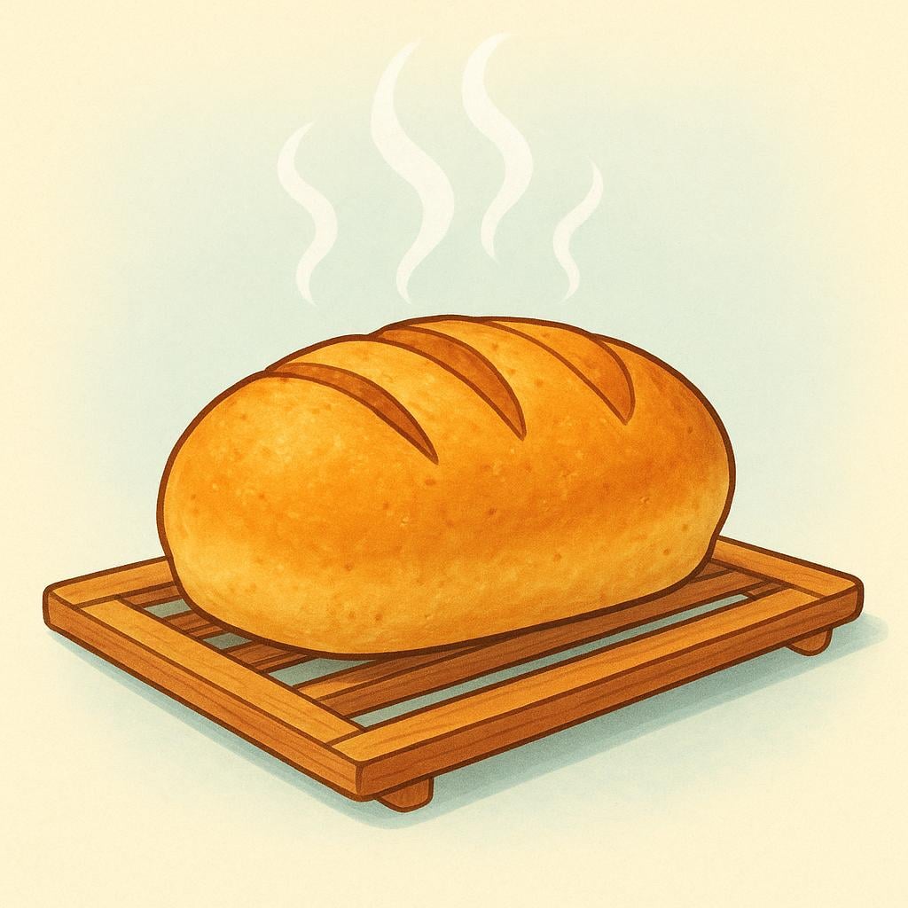 A steaming, golden-brown loaf of bread sitting on a wooden cooling rack, indicating it was baked very recently.