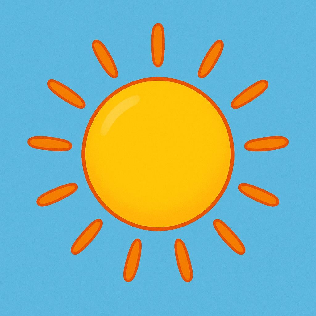 A bright, stylized yellow sun with simple, thick rays shining against a clear blue sky background.
