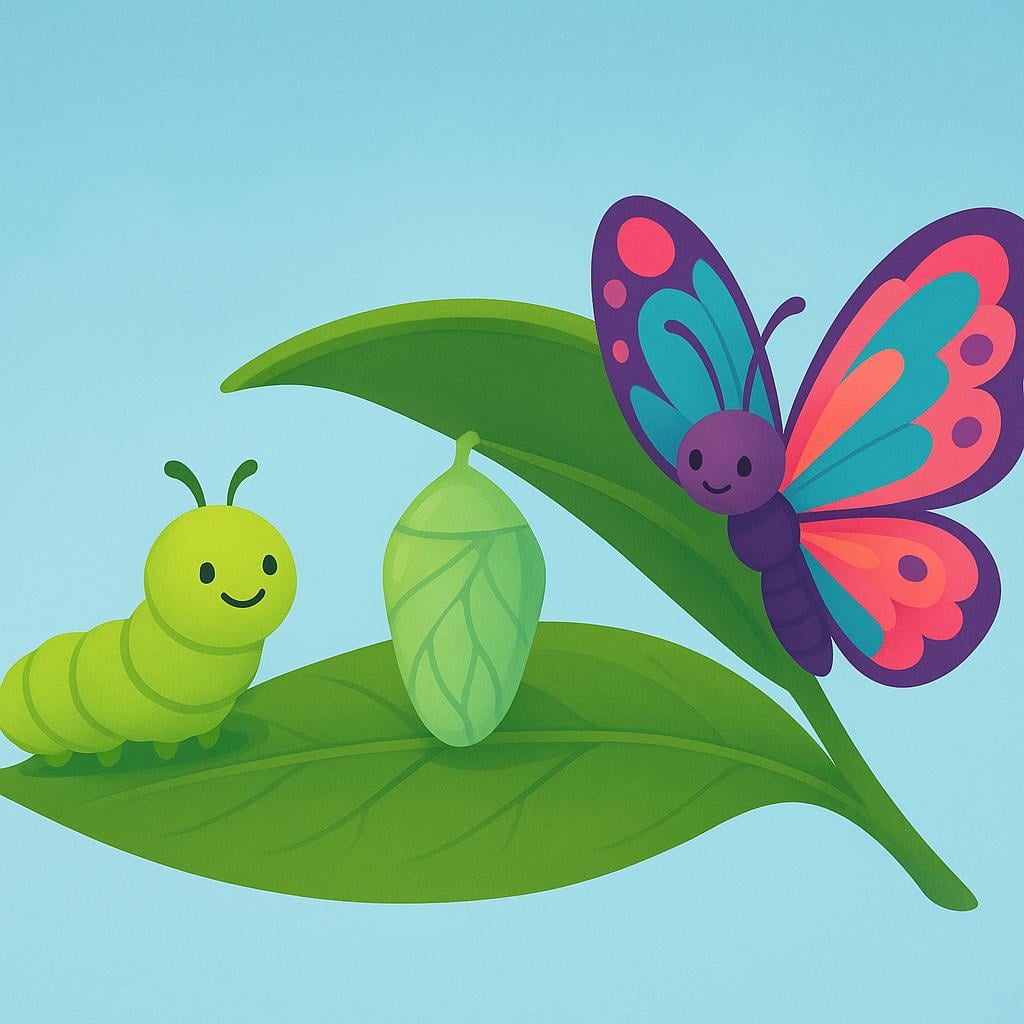 A high quality simple colorful storybook illustration showing a green caterpillar mid-transformation into a large, colorful butterfly.