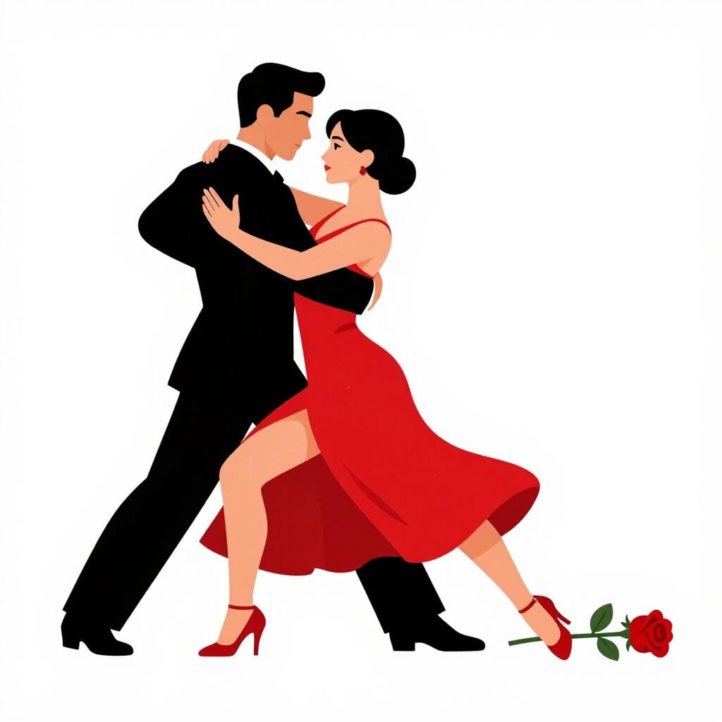 A man and a woman performing a dramatic tango dance pose with a single red rose.