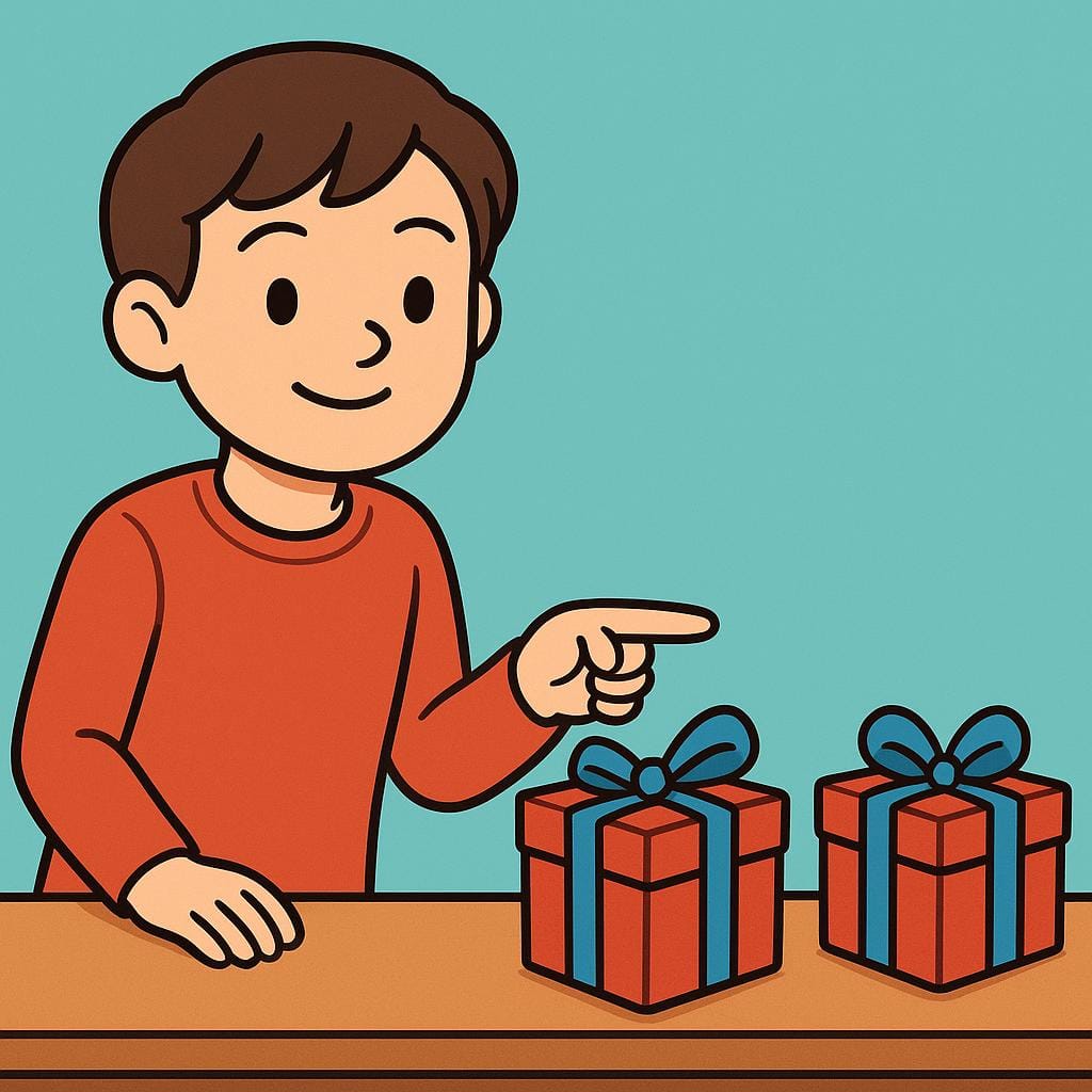 一人の子供が、同じ閉じた容器が二つ並んだ間に立ち、どちらか一方の容器を断固として指さしており、推測する動作を示している。