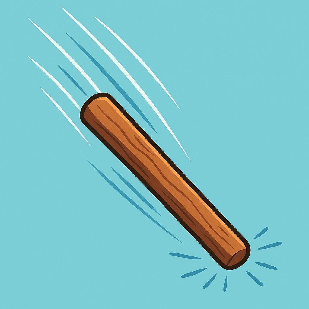 Een dikke bruine houten stok of knuppel wordt midden in een zwaai getoond, aangegeven door eenvoudige bewegingslijnen tegen een effen achtergrond.