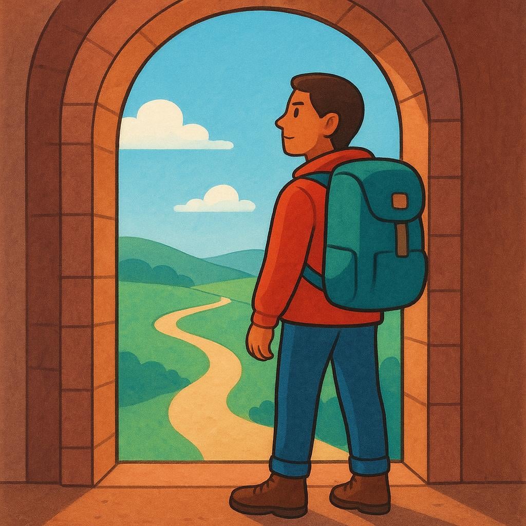 A high quality simple storybook illustration of a single determined traveler wearing a backpack standing in front of a wide open arched doorway, looking forward as if starting a mission.