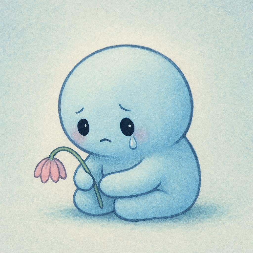 A small, cartoonish character sitting with a single tear rolling down their cheek, holding a wilting flower, illustrating emotional sensitivity.