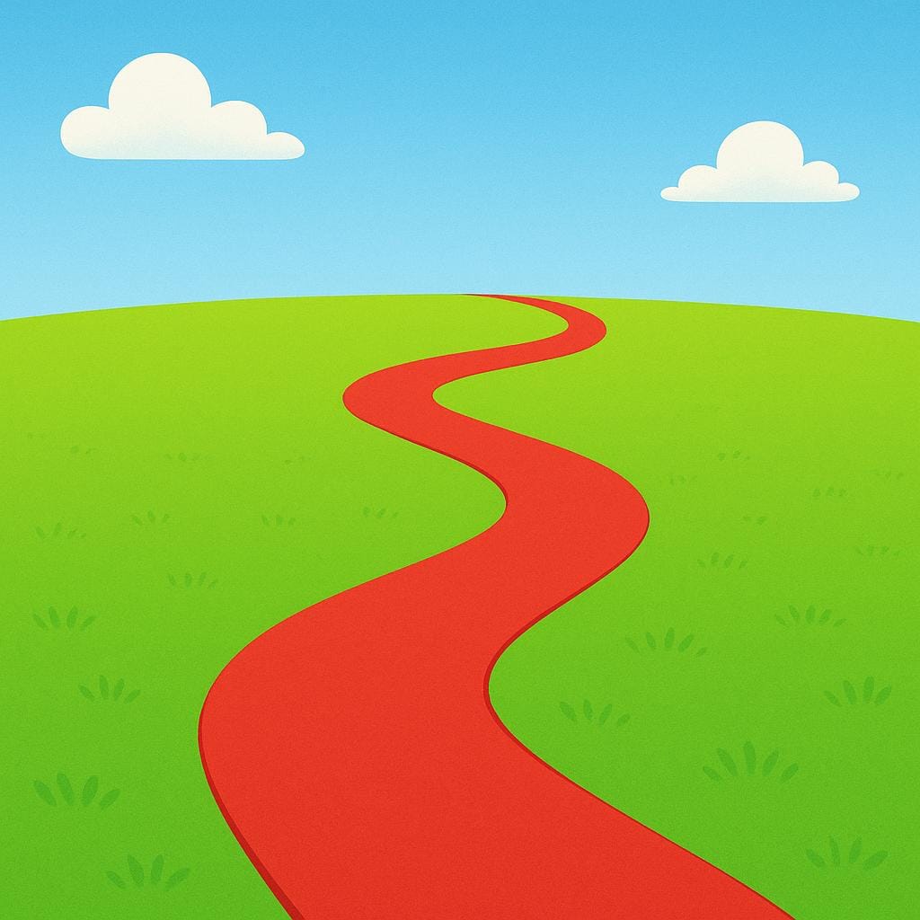 A simple illustration showing a winding red path leading across a bright green field toward the horizon, visually representing something that continues.