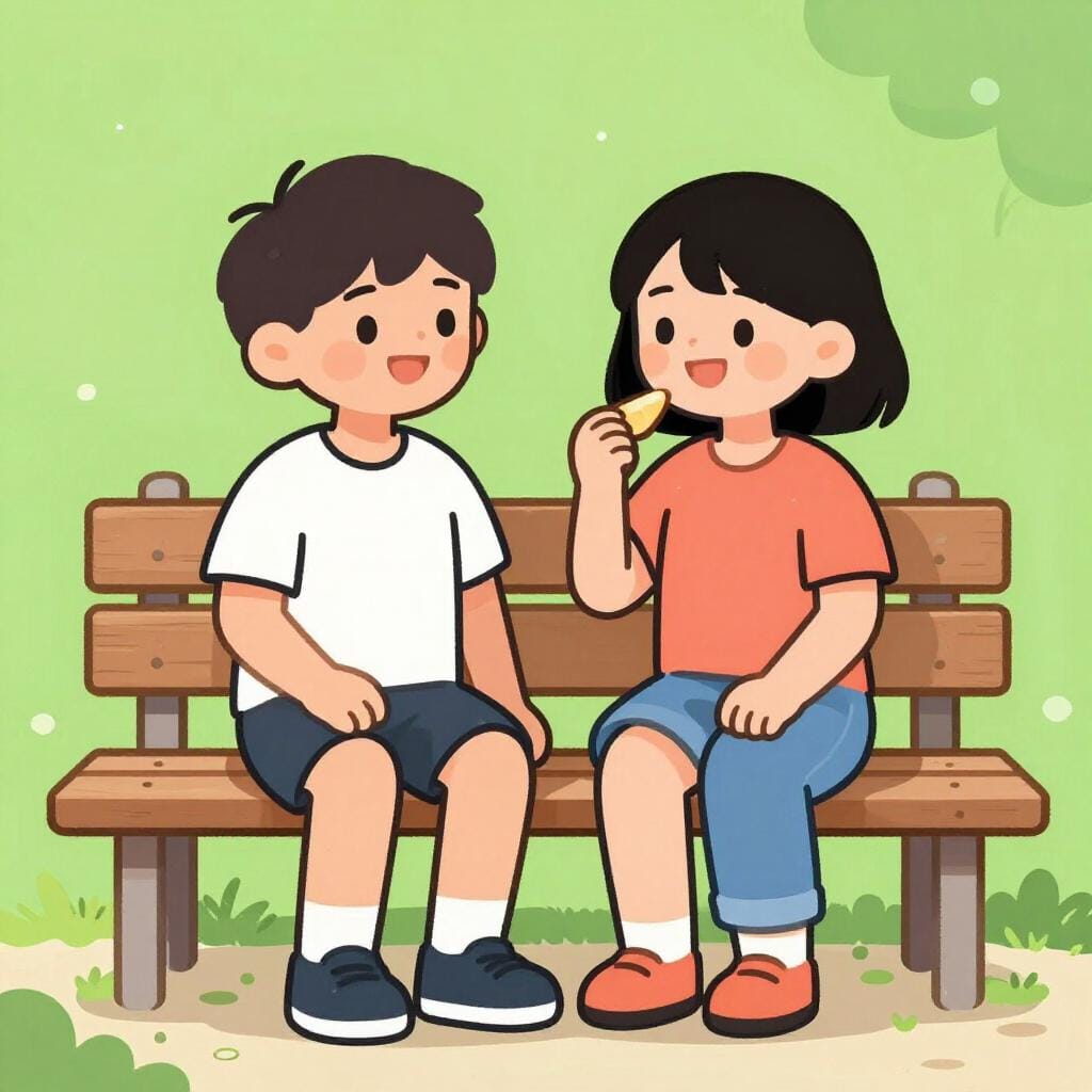 Two friends sitting together on a bench, laughing and sharing a bowl of fruit.
