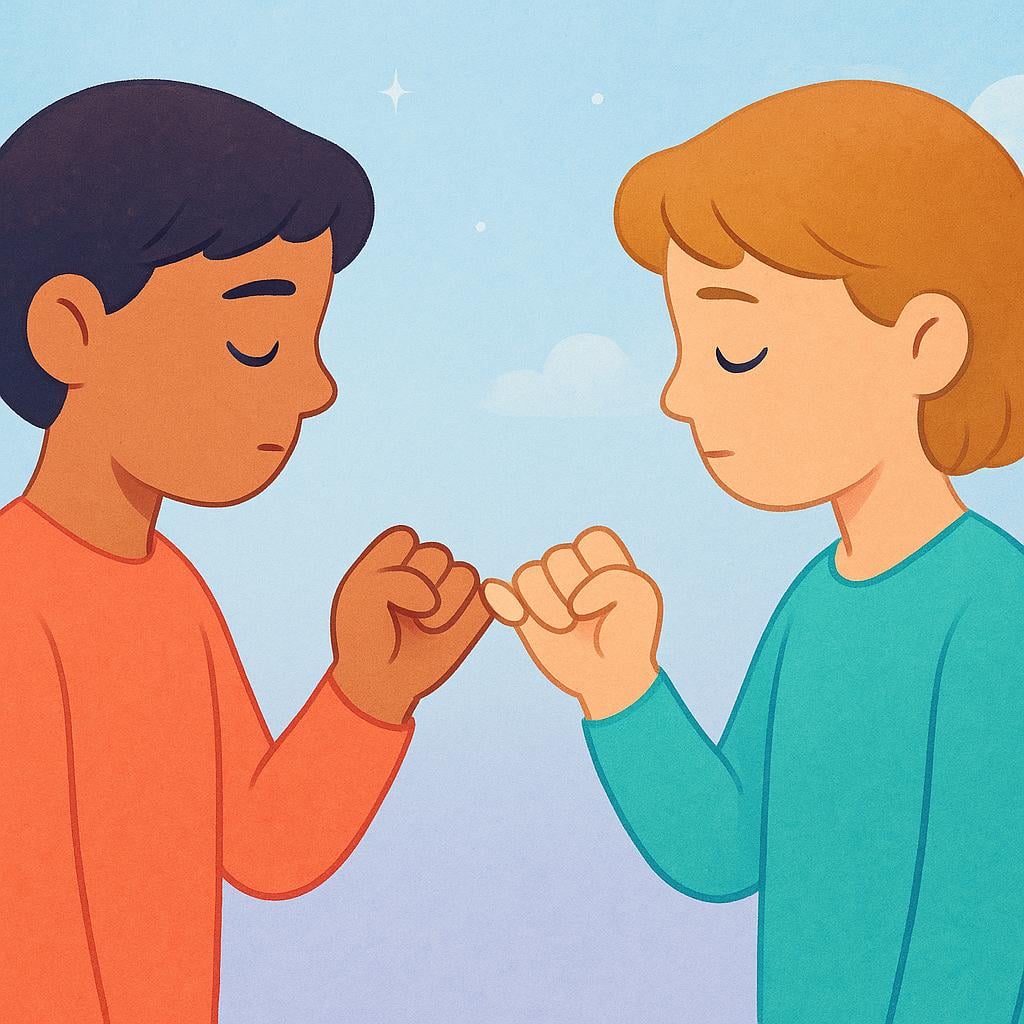 A close-up illustration of two stylized figures linking their pinky fingers together in the gesture of a pinky promise, symbolizing a commitment.