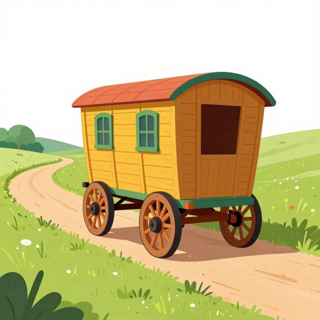A colorful wooden caravan wagon with large wheels moving along a winding road.
