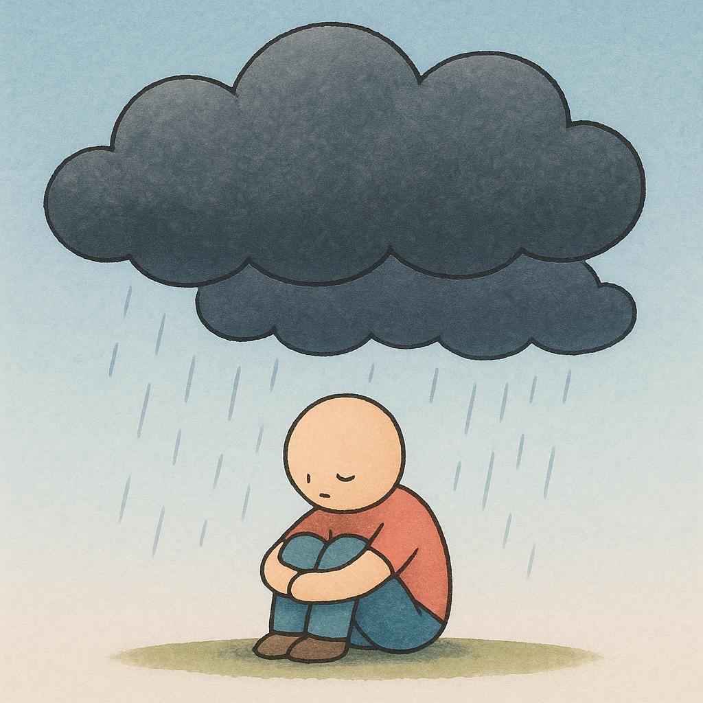 A solitary, simply drawn figure sitting on the ground, overshadowed by a cluster of three large, dark grey, heavy rain clouds, symbolizing gloomy thoughts.