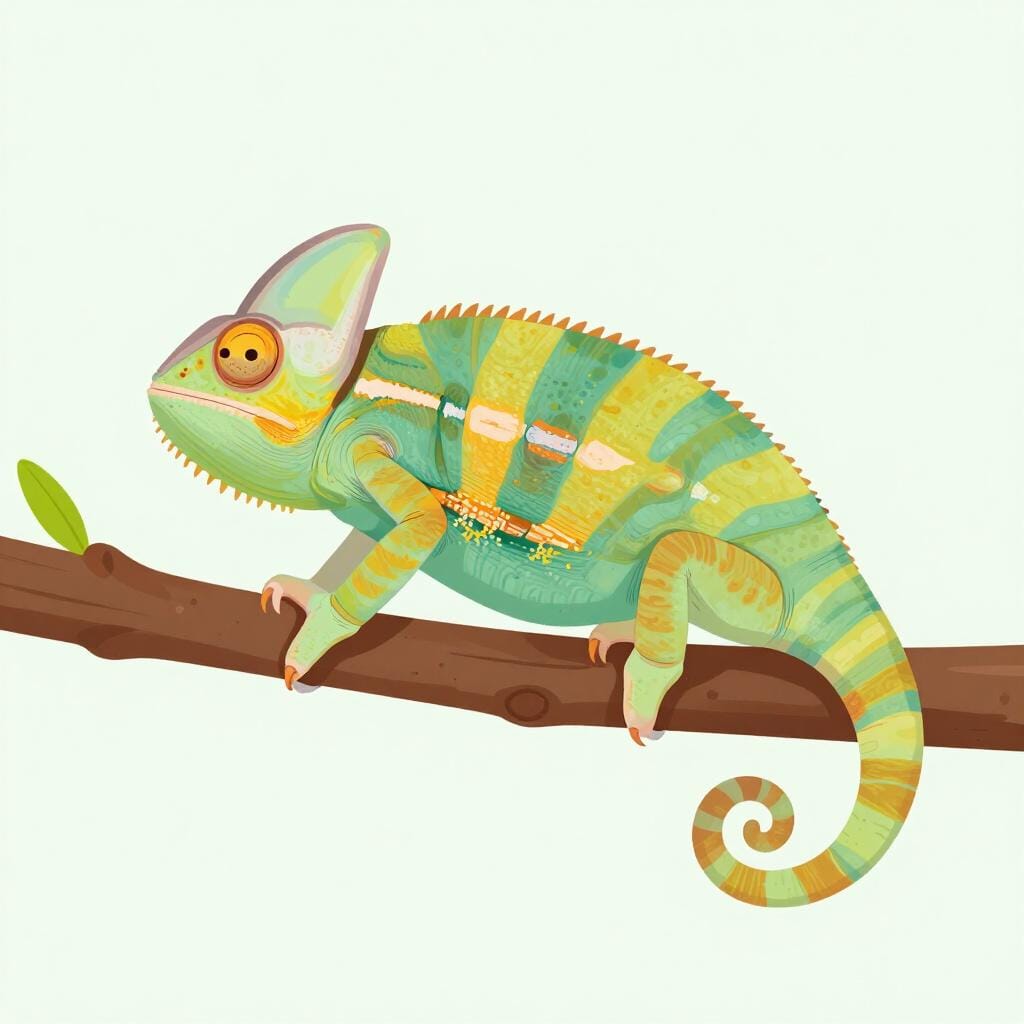 Un camaleonte colorato in piedi su un ramo, la sua pelle che passa dal verde vibrante all'arancione brillante.