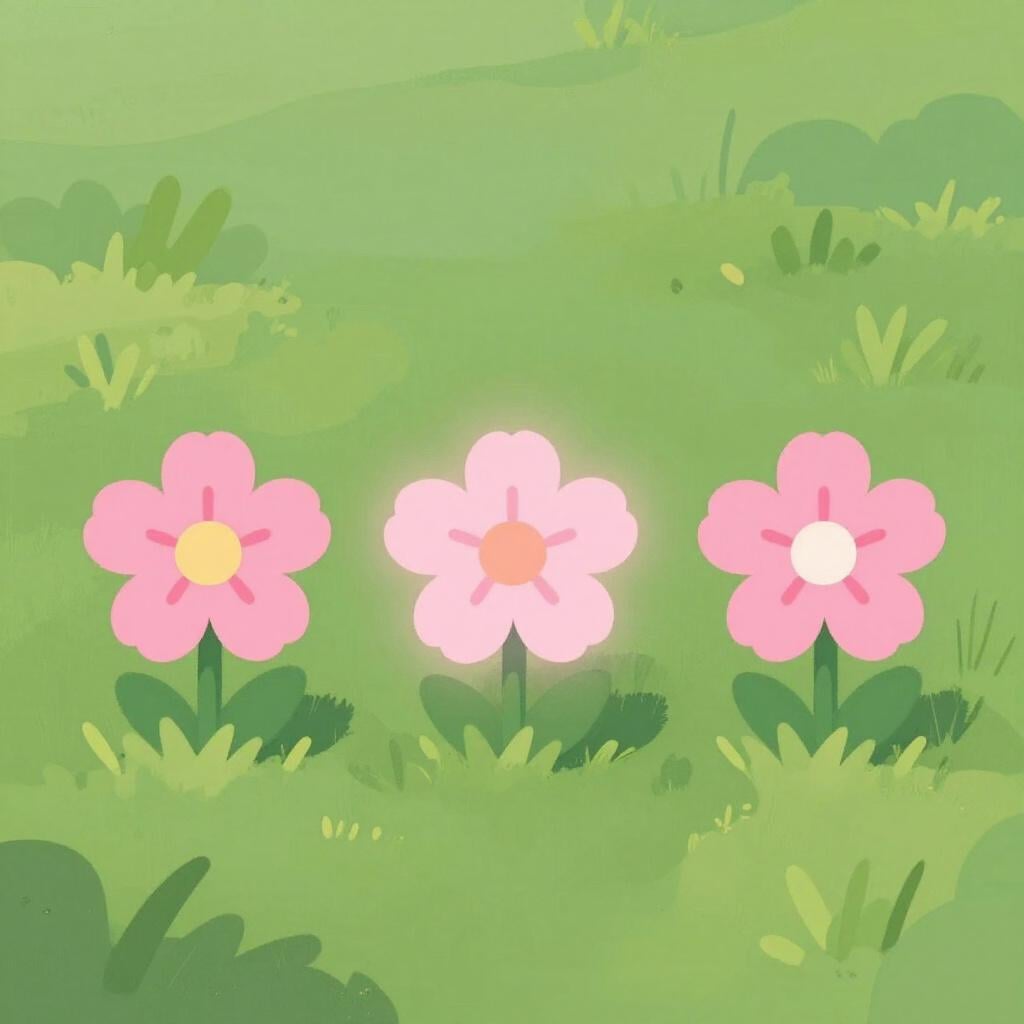Three identical pink flowers arranged in a row. The third flower in the sequence is highlighted with a faint glow around it.