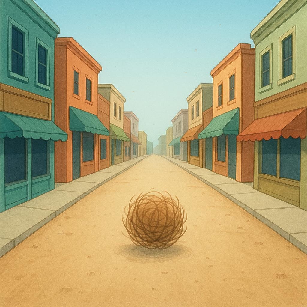 Uma ilustração de uma rua principal empoeirada e vazia em uma cidade onde todos os negócios estão fechados.