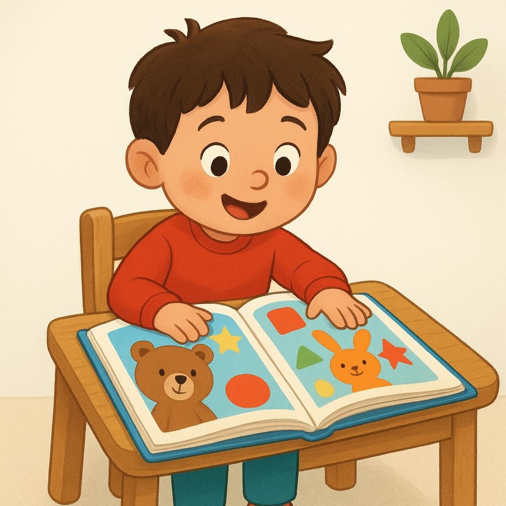 A colorful illustration showing a young student sitting at a desk reading an open textbook.