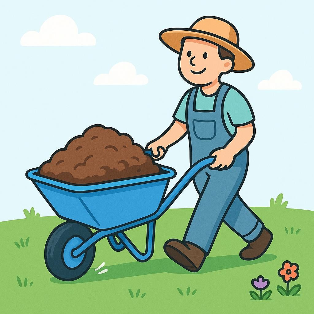A cheerful cartoon gardener efficiently pushes a blue wheelbarrow piled high with brown soil across a green lawn, demonstrating reduced effort compared to carrying the soil.