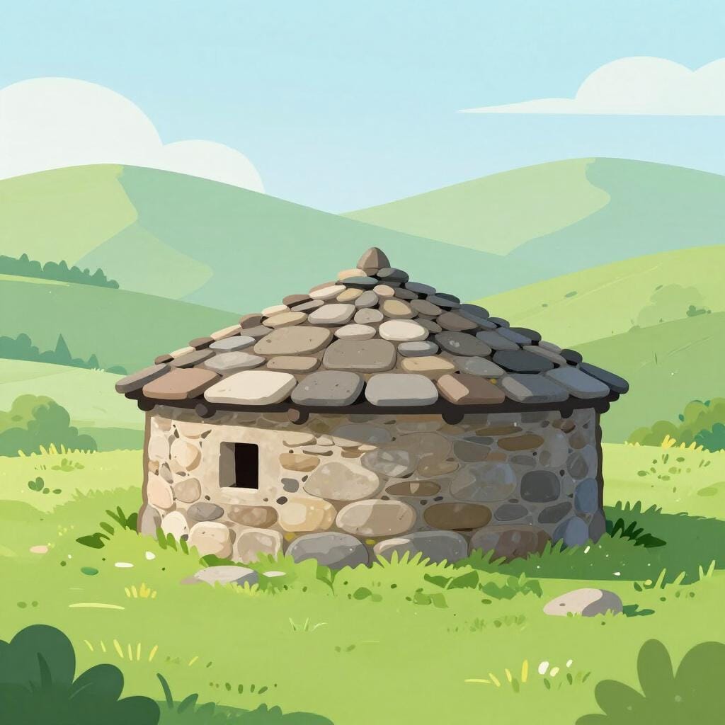 Een weelderig, groen landschap met een traditionele stenen graanschuur genaamd een hórreo, gebruikelijk in de regio Galicië.