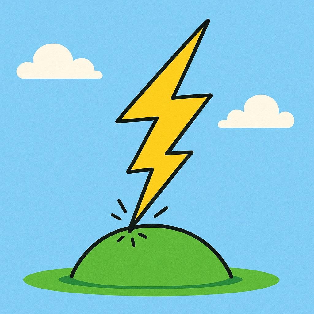 Um raio amarelo brilhante atinge abruptamente uma pequena colina verde sob um céu azul claro, simbolizando a súbita.