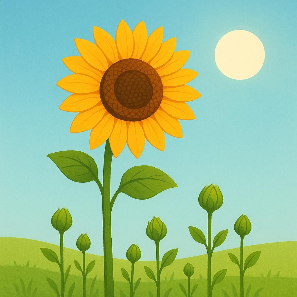 A large, perfectly bloomed golden sunflower, facing brightly upwards, towering over several small, green, closed flower buds.