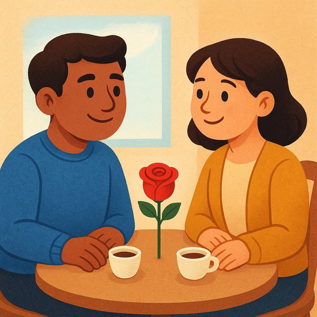 A colorful illustration showing two people enjoying a romantic date at a small cafe table outdoors.