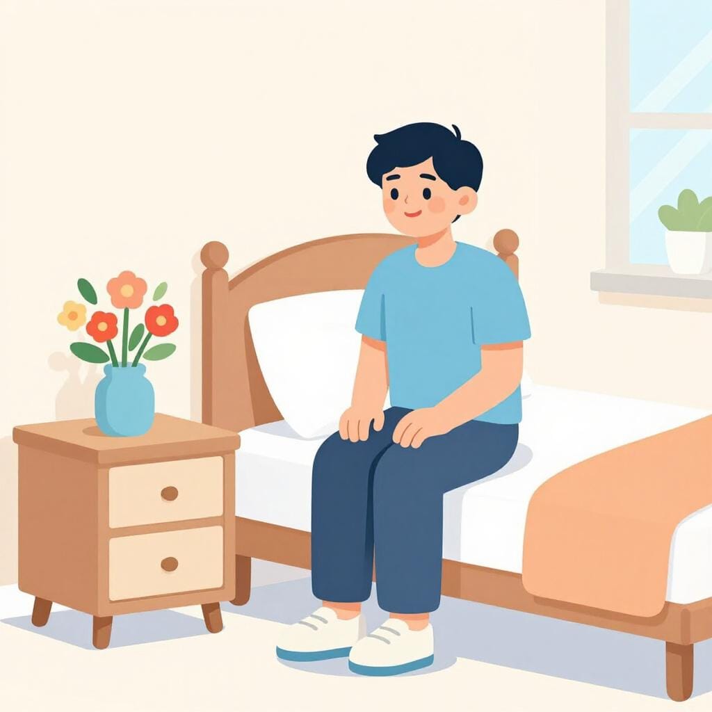 Une personne assise dans un lit confortable, souriant et buvant un verre de jus d'orange avec un vase de fleurs à proximité.