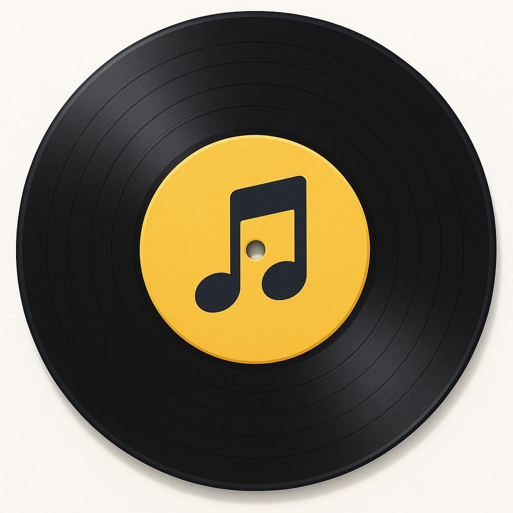 The center of a black vinyl record showing the circular paper label affixed to it. The label is bright yellow with a simple graphic design.
