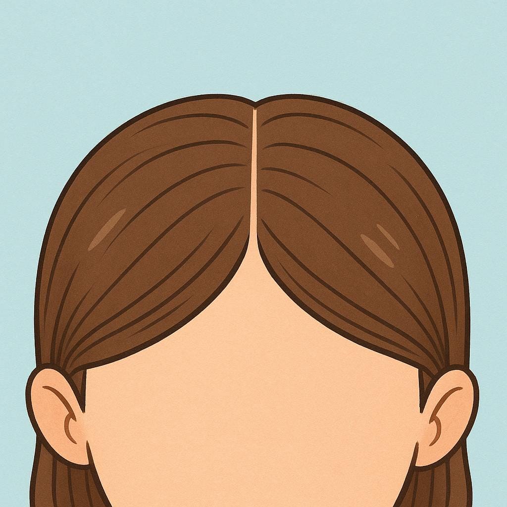 The top view of a person's head showing neatly combed brown hair with a clear, straight parting line down the center.