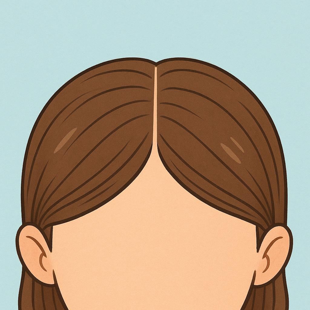 The top view of a person's head showing neatly combed brown hair with a clear, straight parting line down the center.