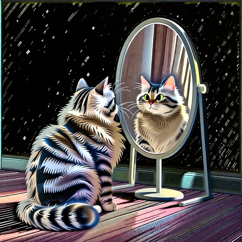 Un chat regardant son propre reflet dans un miroir rond et simple.