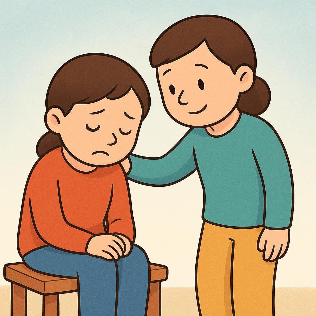 An illustration showing one figure standing next to a sitting, sad figure and gently placing a hand on their shoulder in a comforting stance, symbolizing emotional support.