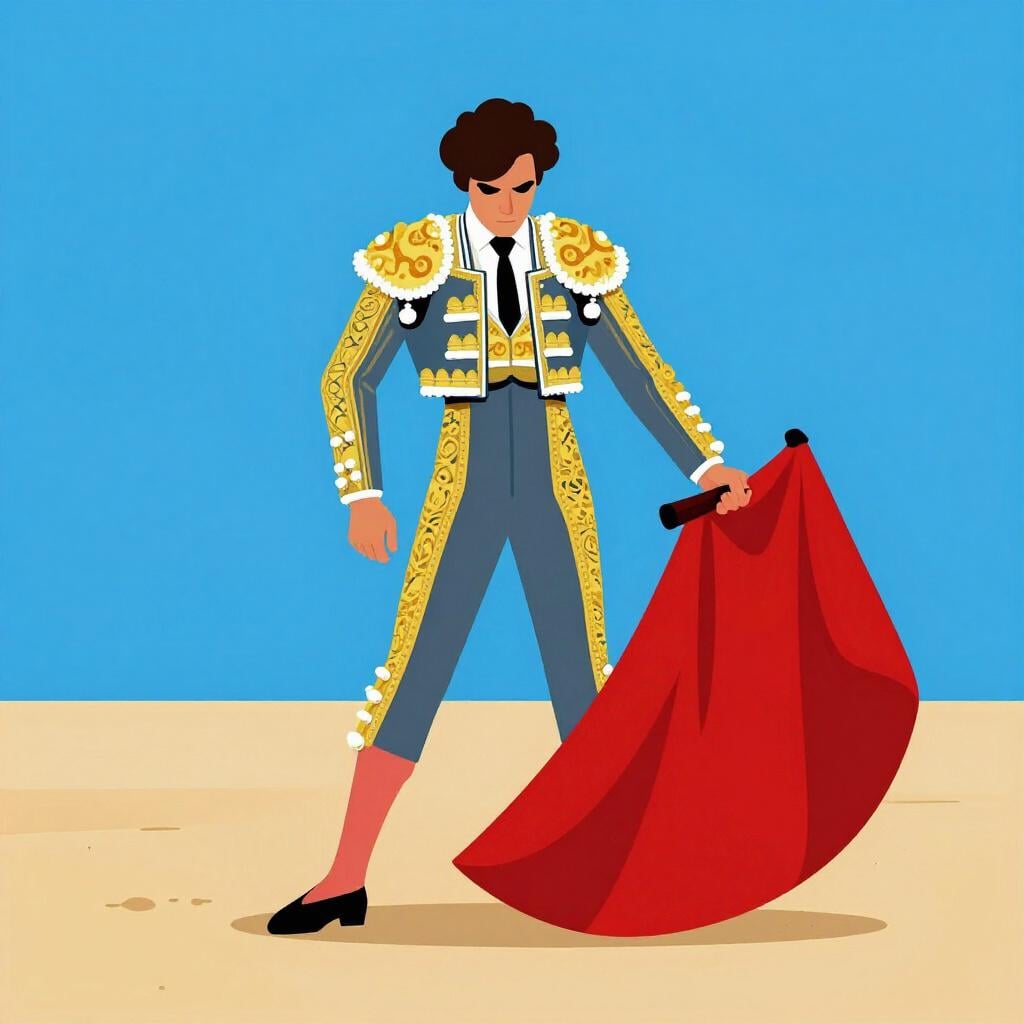 A bullfighter in a traditional costume holding a red cape.
