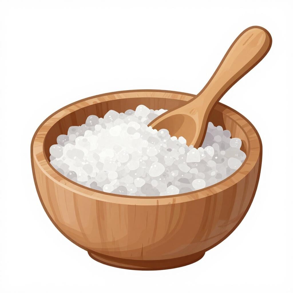 A wooden spoon scooping white salt crystals from a small bowl.