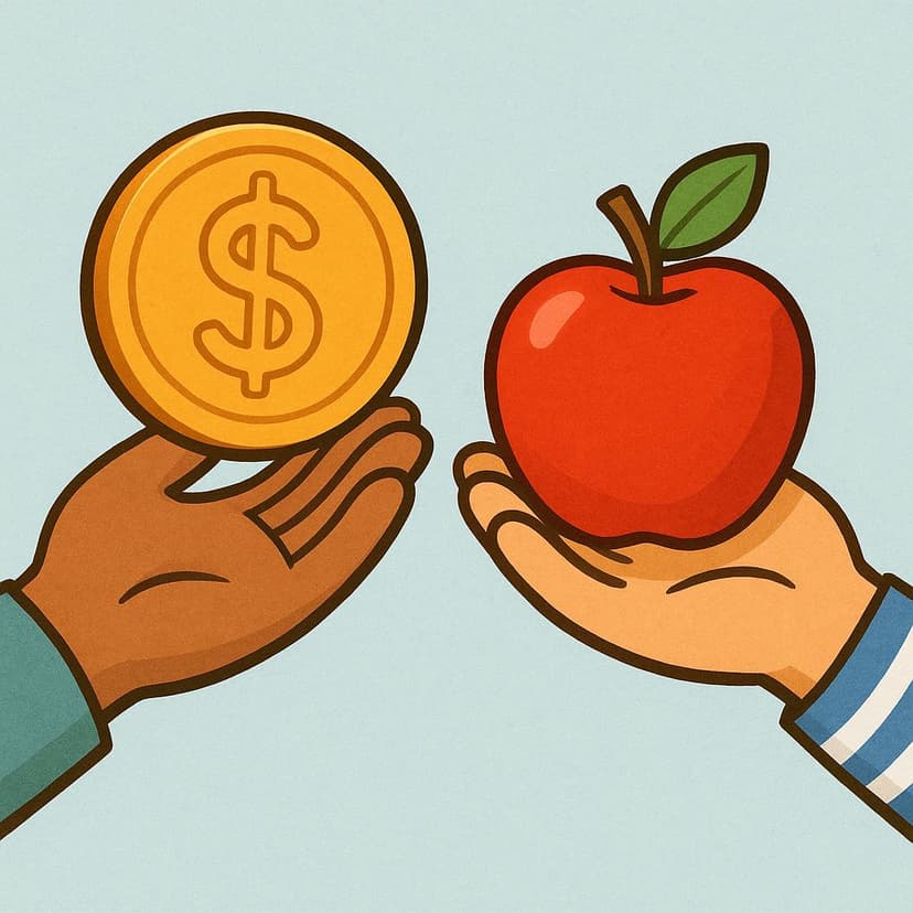 A simplified scene depicting a purchase, where a customer's hand is exchanging a large gold coin for a bright red apple held by a vendor's hand.