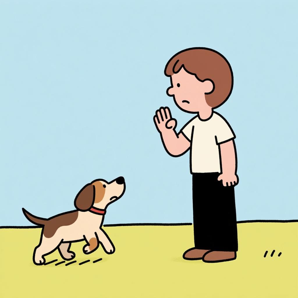 Uma pessoa levantando a mão firmemente, sinalizando para um cão brincalhão, mas que se aproxima, parar e recuar.