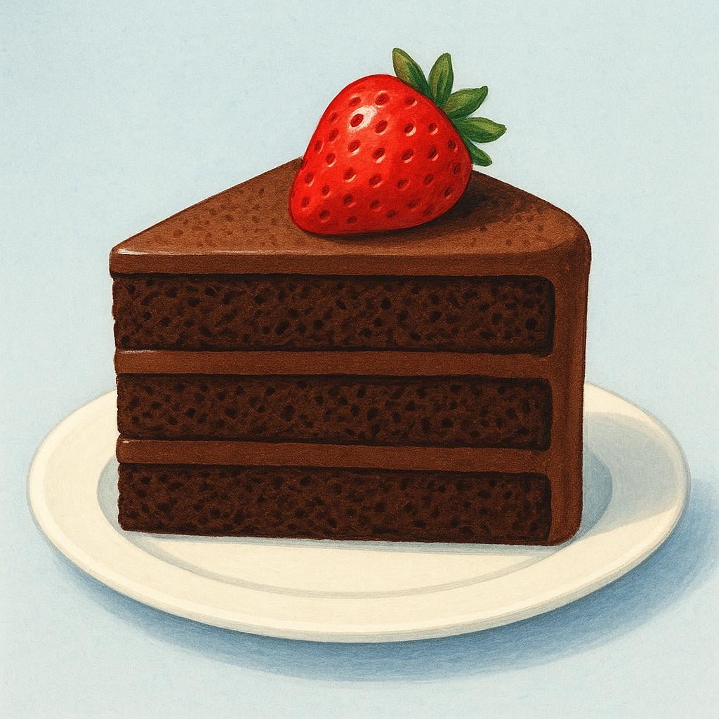 A perfectly plated slice of chocolate cake with a strawberry garnish, appearing very appetizing and delicious.