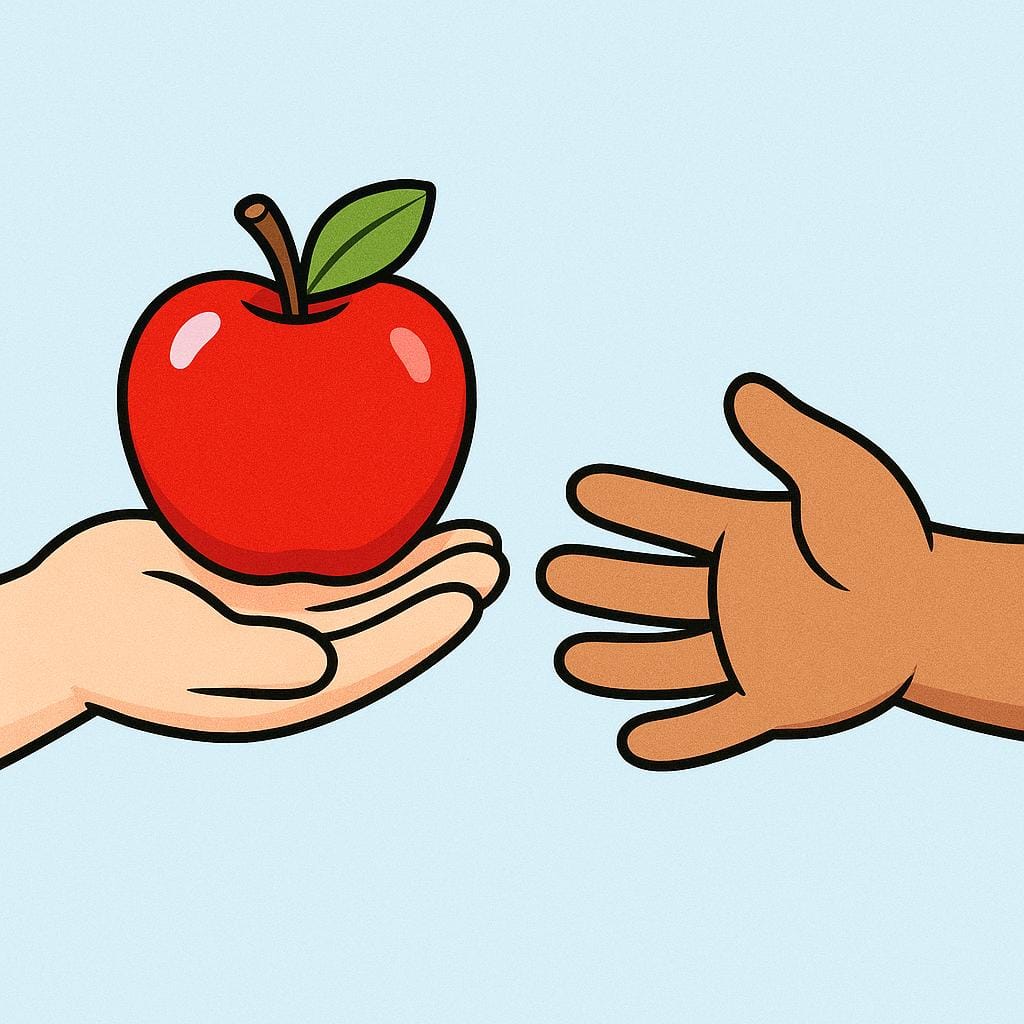 Due mani stilizzate si scambiano una mela rosso vivo, a simboleggiare l'atto del dare.