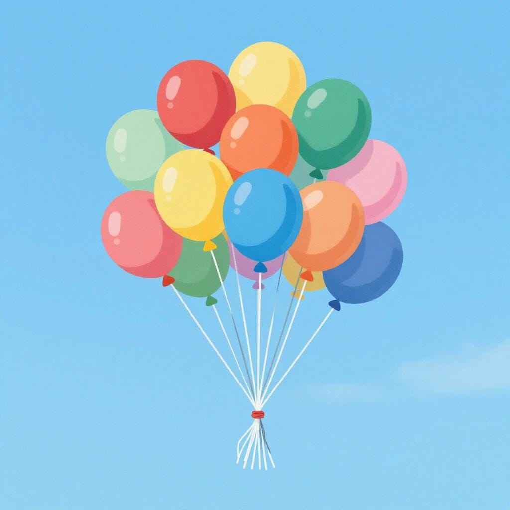 A neat grid of seventy colorful balloons floating in the sky.