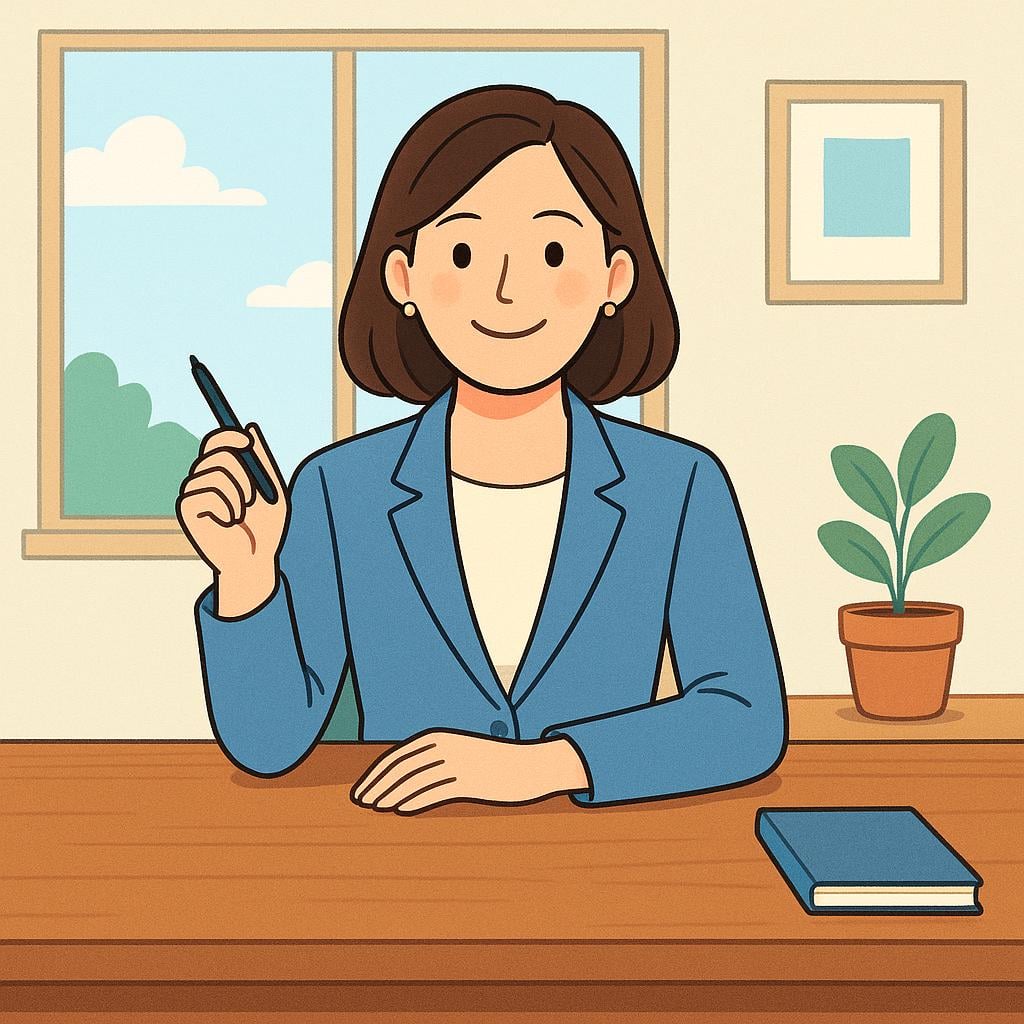 A professional woman sitting confidently behind a large, clean wooden desk in a bright office, symbolizing a leadership position.