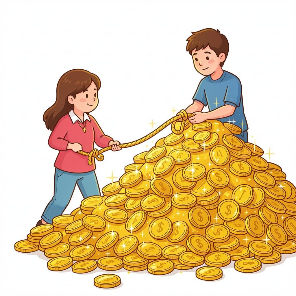 A person being pulled towards a large, glowing treasure chest by a golden cord.